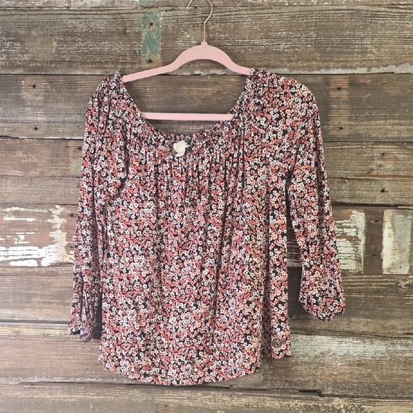 Michael Kors Pink and Red Smocked 3/4 Sleeve Blouse, Size L - Picture 1 of 5